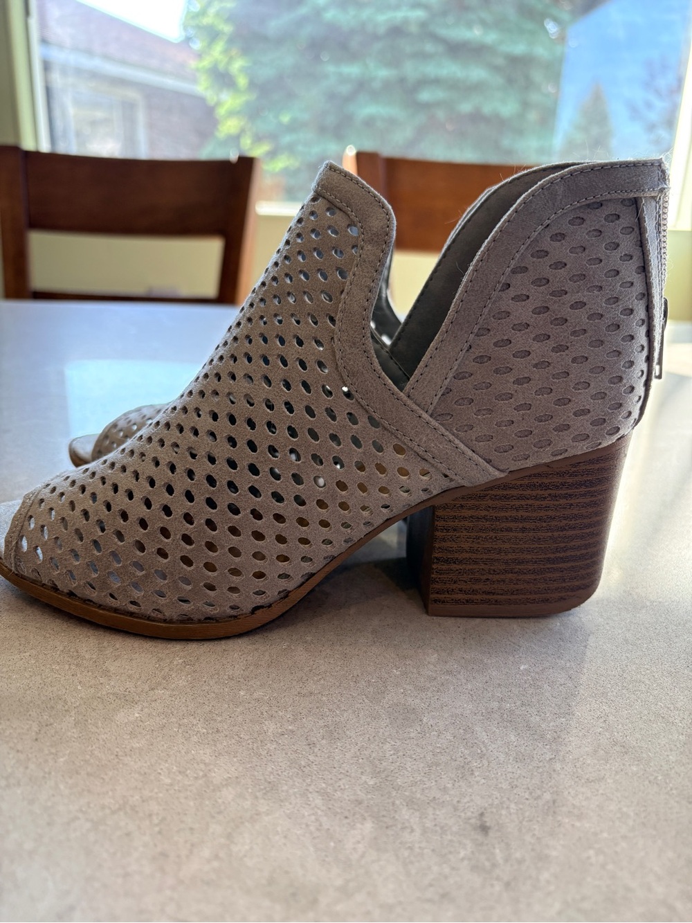 Women’s Taupe/Grey Perforated Block Heel Peep-Toe Booties